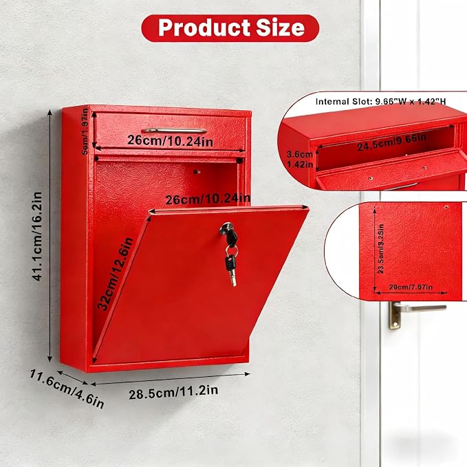 KYODOLED Locking Wall Mount Mailbox for Outside, Drop Box, X-Large, Red | Heavy-Duty Steel, Outdoor Mail Box with Key Lock, Large Capacity, Home, Office & Apartment Use, 16.2H × 11.2L × 4.6W In