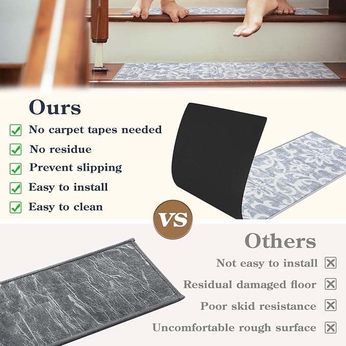 Lahome Carpet Stair Treads Non Slip Backing, 15 Pack 8" X 30" Stair Treads for Wooden Steps Indoor, Soft Washable Stairway Stair Runners Oriental Staircase Rugs for Kids Pets Elders(15pc, Grey)