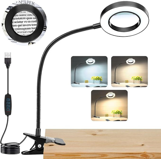 10X Magnifying Glass with Light, Clip on Mganifier with Light, 48 LED Desk Magnifying Glass wtih Clamp, 3 Modes Dimmable Magnifying LED Lamps for Bed Work Crafts DIY Repair Black