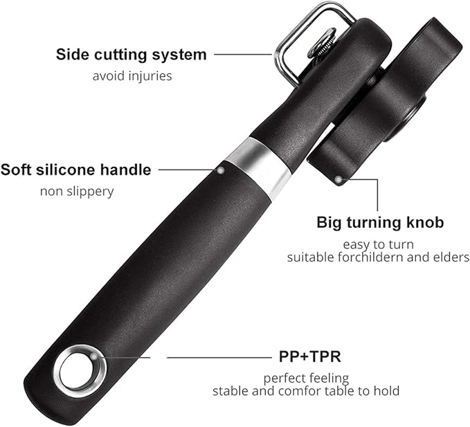Side Cut Can Opener, Smooth Edge Manual Can Opener, Black | Safety Side Cut Blade Creates Smooth Edges, Large Soft-Touch Knob and Non-Slip Handle Provide Comfortable Everyday Use
