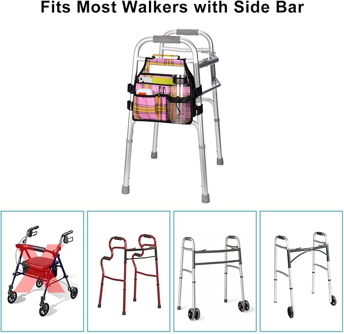 supregear Side Walker Bag, Walker Accessories Bag w/Cup Holder, Folding Walker Basket Waterproof Walker Organizer Caddy Pouch for Most Walker with Side Bar for Seniors, Elderly, Double Sided