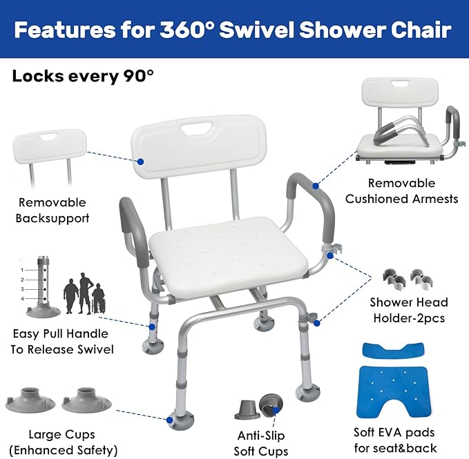 360° Swivel Shower Chair with Back and Arms-FSA Eligible, Rotating Shower Chair, Swiveling Shower Chair with Cold-Proof Pads, Support 400lbs,Swivel Shower Chair for Inside Shower