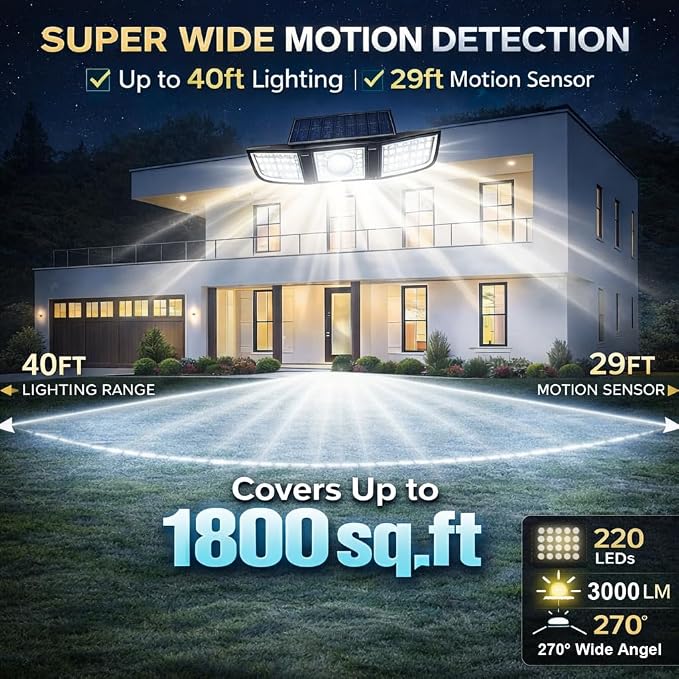 Solar Outdoor Lights, 3000LM 218 LED Motion Sensor Lights with Remote Control, IP65 Waterproof,270° Wide Angle Flood Wall Lights with 3 Modes for Outside Patio Wall (1pc)