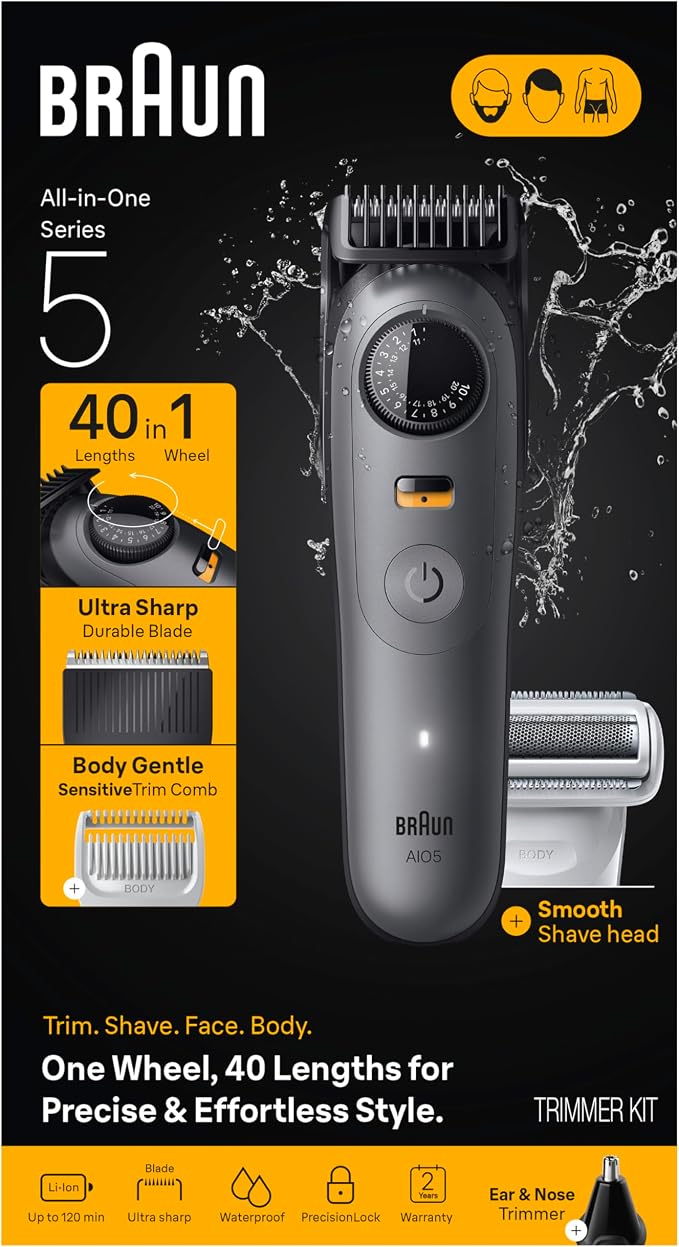Braun Series 5 All-in-One Beard & Body Grooming Kit for Men, Cordless Trimmer, Hair Clippers & Shaver for Face, Hair & Body with Smooth Shave Head, AIO 5510