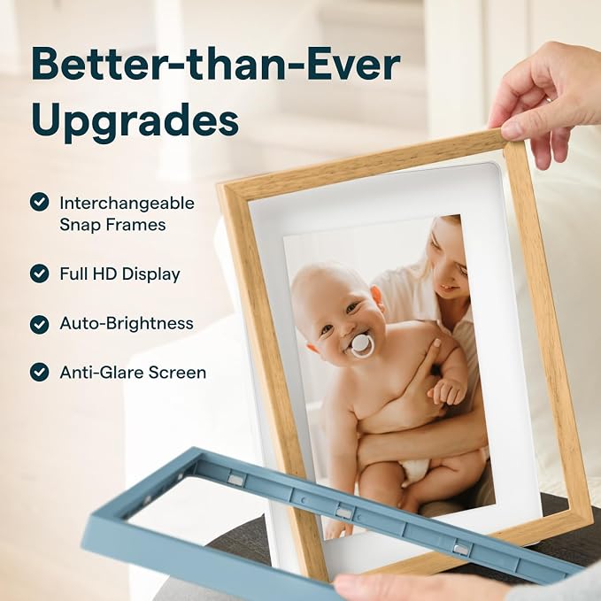 Skylight Digital Picture Frame 2 – 10" Full HD Wi-Fi Touch Screen, 16GB Digital Photo Frame, Load Photos & Videos Directly from Phone, Anti-Glare – Personalized Gifting, Rubber Wood Birch Brown