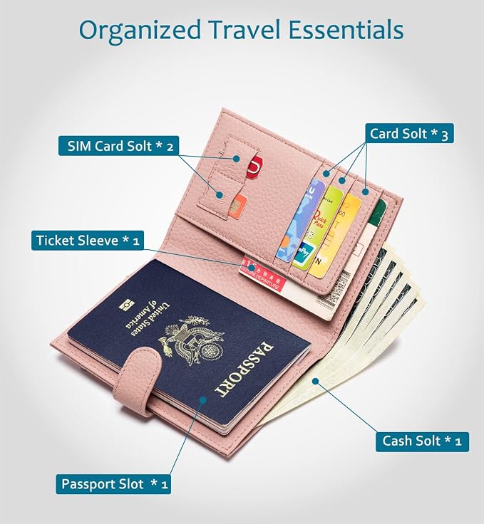 Leather RFID Slim Passport Holder for Travel Women, Gift Ready | Pink Passport Wallet for Women with RFID Protection, Passport Cover, Card Slots, Zipper Coin Pocket, Travel Organizer