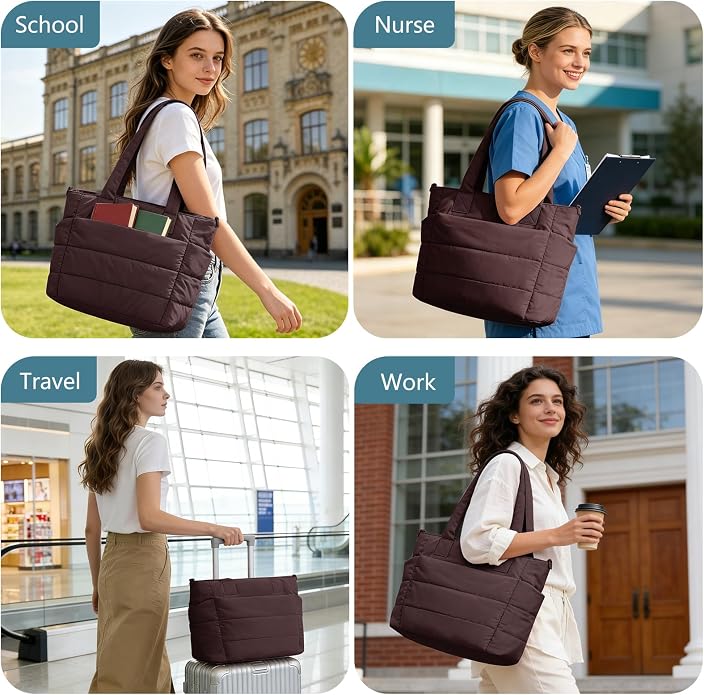 Puffer Tote Bag for Women Quilted Nurse Bag Lightweight Work Bag for Teacher Travel Handbag with Multiple Pockets