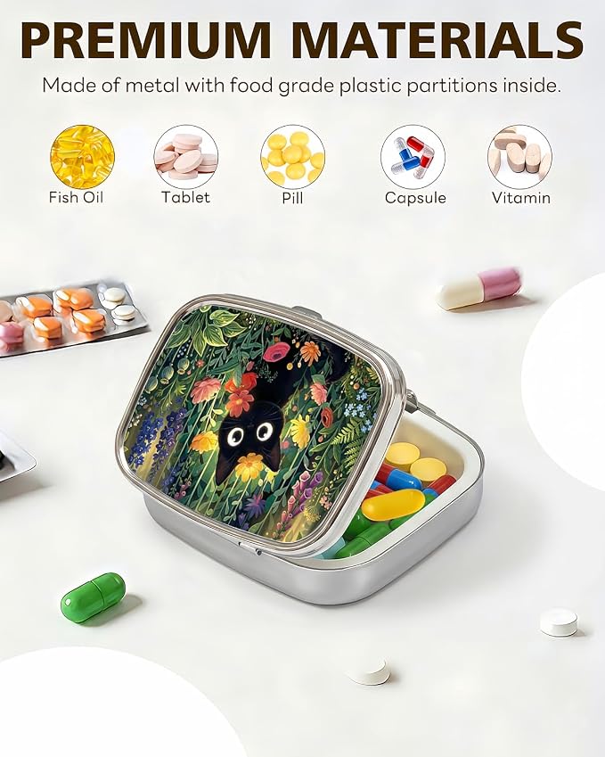LRITER Pill Case, 2 Compartment Portable Small Travel Pill Organizer for Purse and Pocket, Stylish Medicine Case with Multiple Patterns, Daily Pillbox for Home & Travel (Cat and Flower)