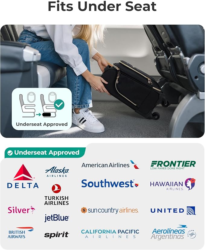 BAGSMART Underseat Carry On luggage Airline approved, 16-inch Softside Underseater Travel Suitcase with Spinner Wheels Lightweight Overnight Bag Small Rolling Carry-on for Women Men Weekender,Black
