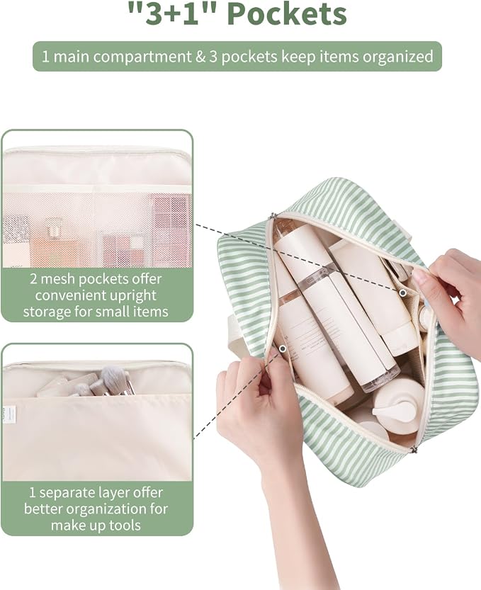 Full Size Toiletry Bag Women Large Cosmetic Bag Travel Makeup Bag Organizer Medicine Bag for Toiletries Essentials Accessories (Mint Green Stripe, Large)