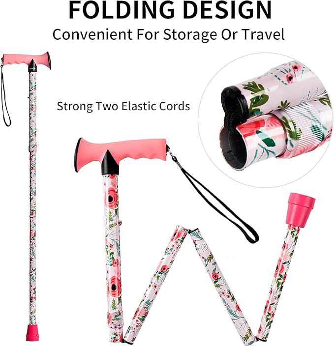 Walking Cane for Men and Women, Foldable Floral Lightweight Adjustable Portable for Folding Canes, Comfortable T-Handle for Seniors Adults