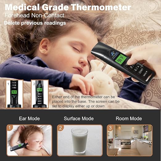 Baby Forehead & Ear Thermometer, 3-in-1 Infrared, Stand, Black | Touchless, For Baby, Infants, Toddlers, Kids & Adults, Base Stand & Clock