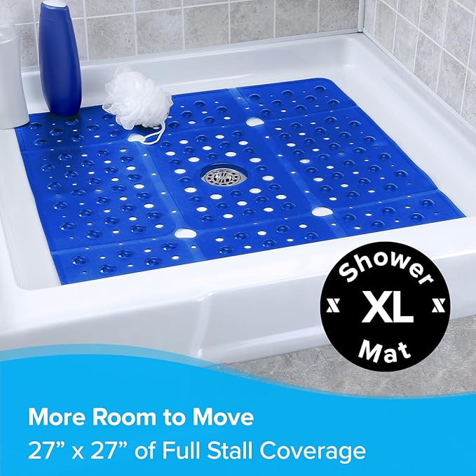 SlipX Solutions 27" Oversize Square Shower Mat, Non-Slip Mat for Elderly & Kids, 100+ Power Grip Suction Cups for Smooth Surfaces, Machine Washable, Solid Navy Blue