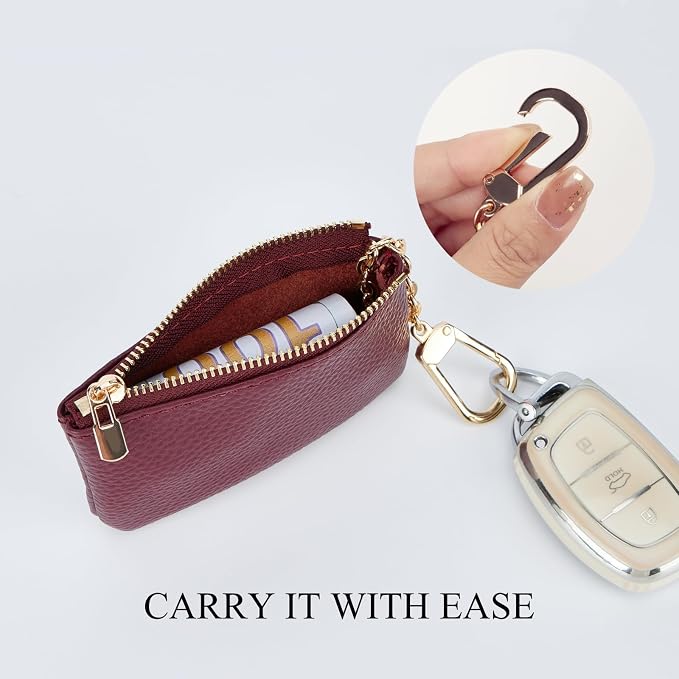 Full Grain Leather Coin Purse with Key Chain - Small Change Purse Keychain Card Holder Keychain Pouch Small Keychain Wallet for Women and Men (Burgundy)