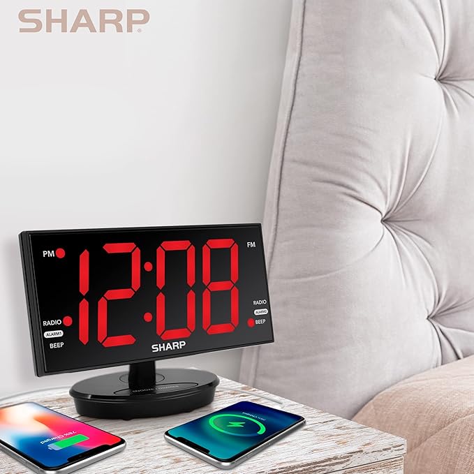 Sharp AccuSet Digital Alarm Clock, 8.9" Tilt/Swivel, FM Radio, Dual USB | 3-inch easy-read digits, 10 station presets, 3-level dimmer, 2 wake times, 9-minute snooze, CR2032 backup, mirror finish