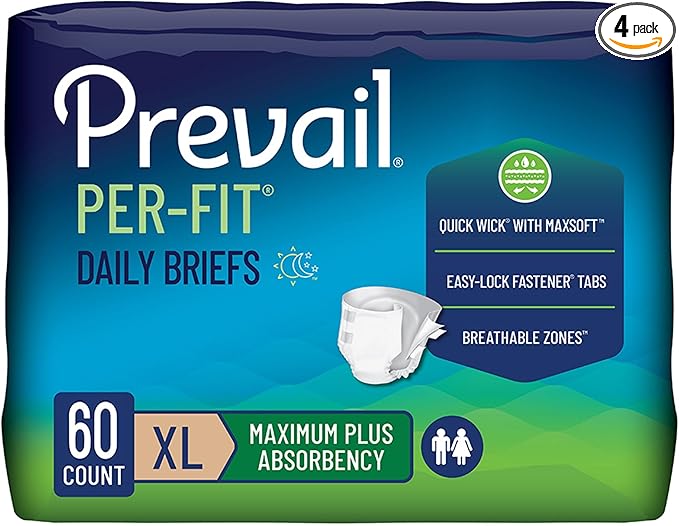Prevail Proven | X-Large Per-Fit Incontinence Briefs with Tabs | Maximum Plus Absorbency | X-Large, 60 Count (Pack of 4)