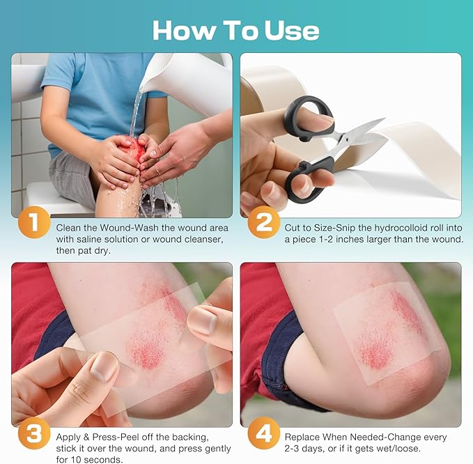 Hydrocolloid Roll for Wound Care, Medical-Grade Hydrocolloid Patch Bandages with Self-Adhesive, Cut-to-Size Ultra Absorbent, Flexible & Waterproof, First Aid Kit Essential (2in*16ft)