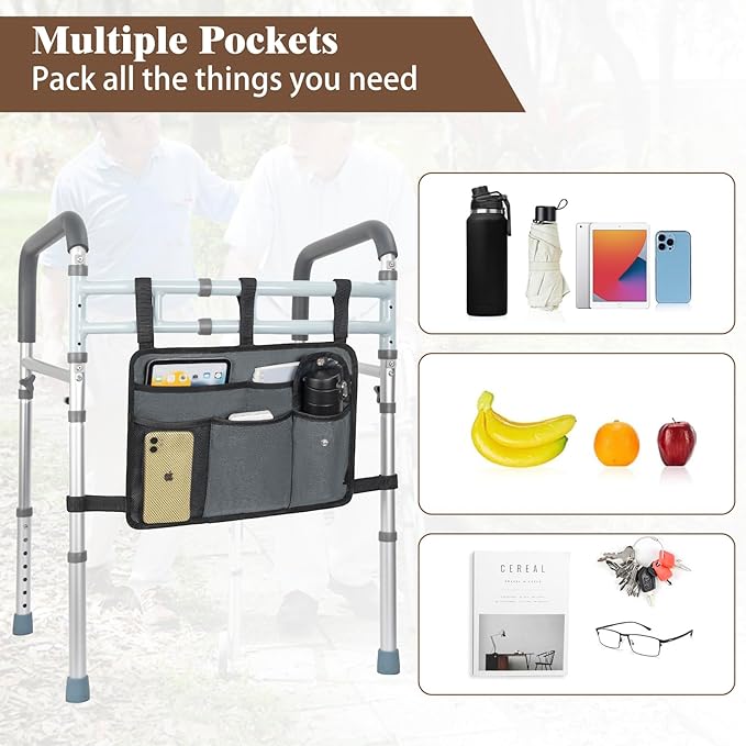 Walker Bag for Folding Walker, Walker Basket for Folding Walkers with Cup Holder Multiple Pockets Bag for Walkers for Seniors Rollator Accessories Bag (Grey)