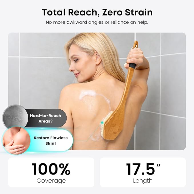 eaxun 17.5 Inches Bamboo Back Scrubber for Shower with Curved Long Handle | Natural Boar Bristles, Shower Brush with Anti-Slip Grip, Exfoliating Back Washer for Bath or Dry Brushing, Men & Women