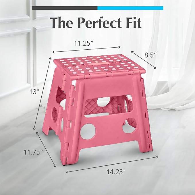 Handy Laundry Folding Lightweight Step Stool - Sturdy Enough to Support Adults - Opens Easy with One Flip - Great for Kitchen, Bathroom or Bedroom (Pink - 13 inch)