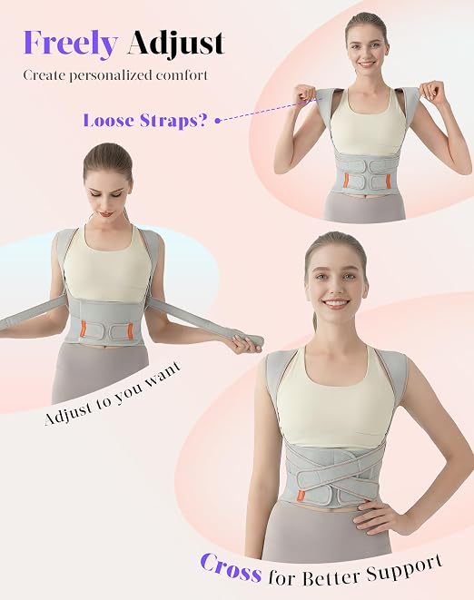 Posture Corrector for Women and Men, Full Back Support Brace, Adjustable Shoulder Straightener, Improving Posture, Relief Upper and Lower Back, Neck Pain, Gray, Medium
