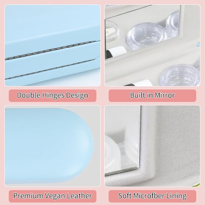 2 in 1 Contact Lens Case and Eyeglasses Case for Women Men Kids, Double Sided Hard Shell Portable Glasses Travel Holder with Built-in Mirror, Contact Lens Box (Sky Blue)