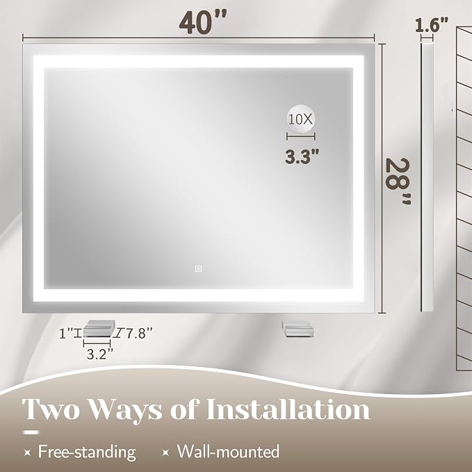 FENNIO Large Vanity Mirror with Lights，40" x 28"Makeup Mirror with Lights，Hollywood Mirror with 3 Color Modes & Adjustable Brightness，Vanity Mirror Square White