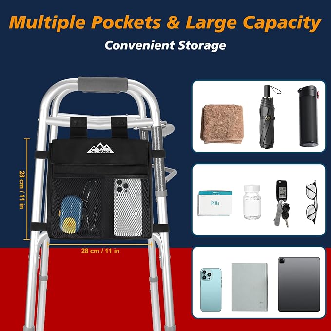 supregear Walker Side Bag, Multi Pocket Storage Pouch for Folding Walker, Water Resistant Lightweight Hand Free Carrier Tote, Universal Size Seniors Caddy Attachment