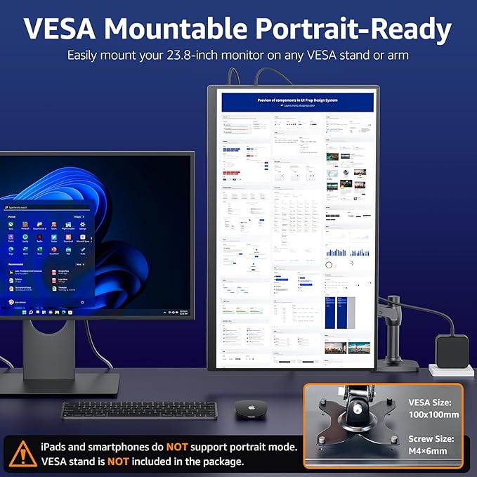 VisionOwl Large Portable Monitor 23.8-Inch 2K QHD 180Hz Refresh Rate Laptop Monitor, 130% sRGB, IPS Panel, USB-C & HDMI for Laptop, PC, Mac, PS5, Xbox, Built-in Kickstand, Speakers, VESA Mountable