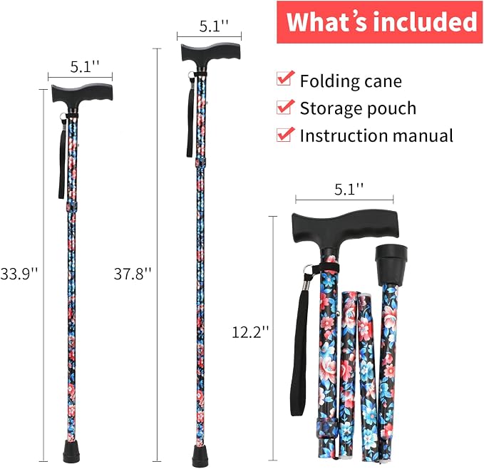 Walking Cane LIXIANG Cane for Man/Woman | Mobility & Daily Living Aids | 5-Level Height Adjustable Walking Stick | Comfortable Plastic T-Handle Portable Walking Stick Folding Cane