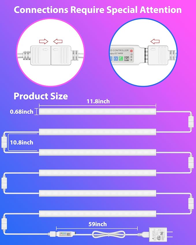 ASOKO 300 Lumens RGB Under Cabinet Light Plug in, 6 Pack 12 inch Linkable