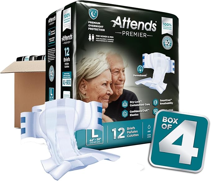 Attends Premier Adult Disposable SmartCool® Briefs, Large, 44-58" High-Rise Waist Tab Closure, Premium Overnight Dry-Lock Protection, Odor Control, 48ct Case
