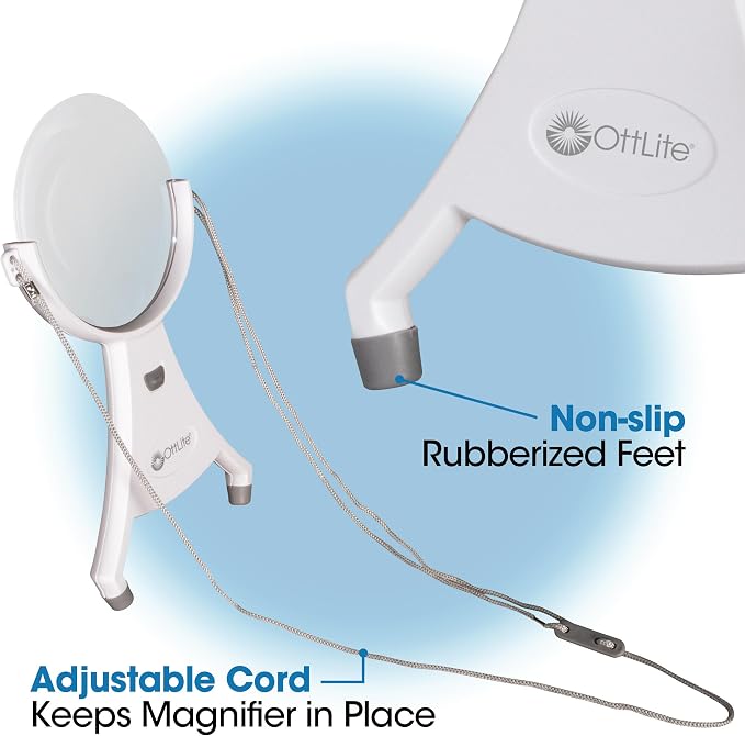 OttLite 4-Inch Hands-Free LED Magnifier, White | 1.5x Optical Acrylic Lens | 4.25x Spot Viewer | LED Illuminated | Adjustable Neck Cord