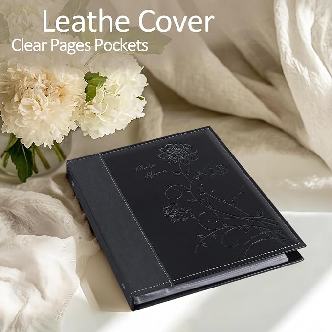 Photo Album 8x10 Clear Pages Pockets Leathe Cover Slip Slide in Photo Album Holds 100 Vertical 8x10 Photos Picture Book for Wedding Family (Black)