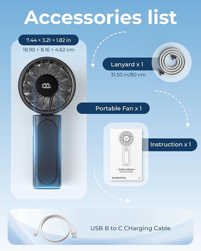 Peiyuu Handheld Fan, Portable Fan, 4000mAh Rechargeable Personal, 180° Foldable Mini Desk Fan with 6 Wind Speed, LCD Digital Display, Lanyard as Neck, Ultra Quiet, Pocket Size for Indoor Outdoor