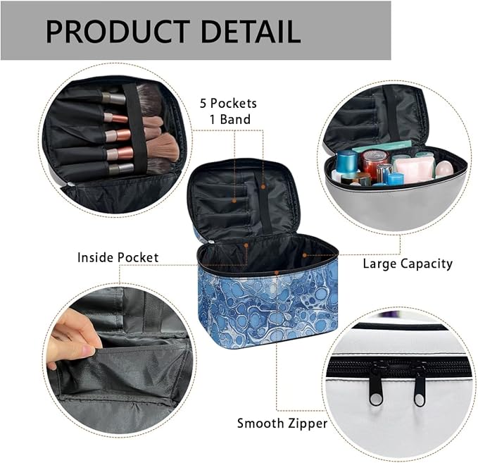 Blue Water Bubbles Large Travel Toiletry Bag for Women Cosmetic Case, Ocean Pattern Zipper Makeup Organizer Toiletries Kit
