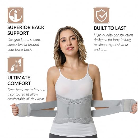 NeoTech Care Lower Back Brace for Women or Men, Lumbar Back Support Belt (Grey, Size M)