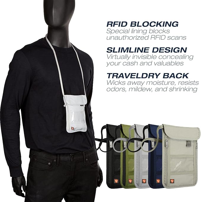 Lewis N. Clark Stash Neck Travel Wallet, RFID Blocking Passport Holder, Protect Personal Information, Slate