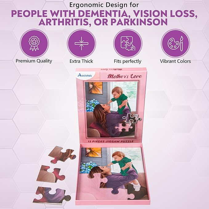 Assistex Large Piece Jigsaw Puzzle for Seniors with Dementia with Conversation Prompts, Large Piece Memory Game for Adults, Elderly, and Dementia Patients – Mother's Love Puzzle, 12 pcs