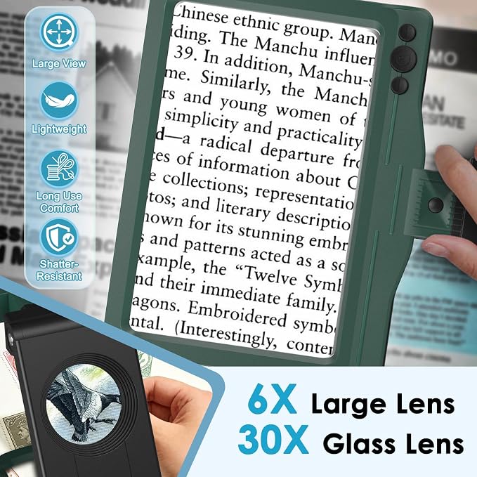 30X 6X Rechargeable Magnifying Glass for Reading, Large Full Page Magnifier with Folding Stand, 3 Color Light Modes, Dimmable LED Lighted, Hands Free Book Magnifier for Low Vision Seniors, Green-Black
