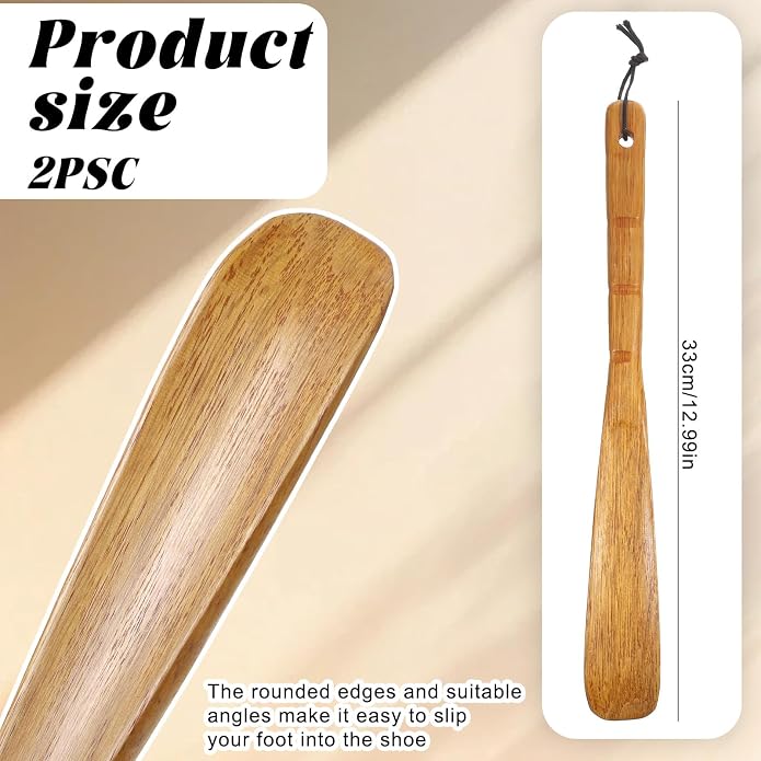 2 Pcs Shoe Horn Long Handle 13'' Wooden Shoe Helper Spoons Retro Wood Shoehorn with Lanyard Shoes Stick Helper for Seniors Men Women