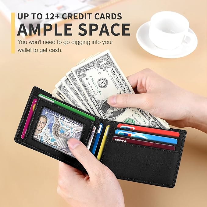 RUNBOX Wallet for Men, Slim Leather Bifold, RFID Blocking Card Holder | Minimalist Front Pocket Design, Credit Card Organizer, Holds 11 Cards, Large Capacity, Thin Profile, Birthday Gifts for Men