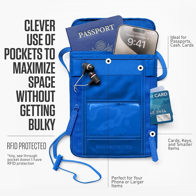VENTURE 4TH Travel Neck Wallet, RFID Blocking Passport Holder - Sleek Blue