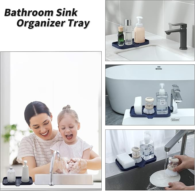 Silicone Bathroom Soap Dishes with Drain Spout-Kitchen Sink Organizer,Sponge Holder,Dish Soap Tray,Perfect for Dispenser,Scrubber,Bottle,Cup on Sink or Counter-Navy Blue 9.6"×5.3"