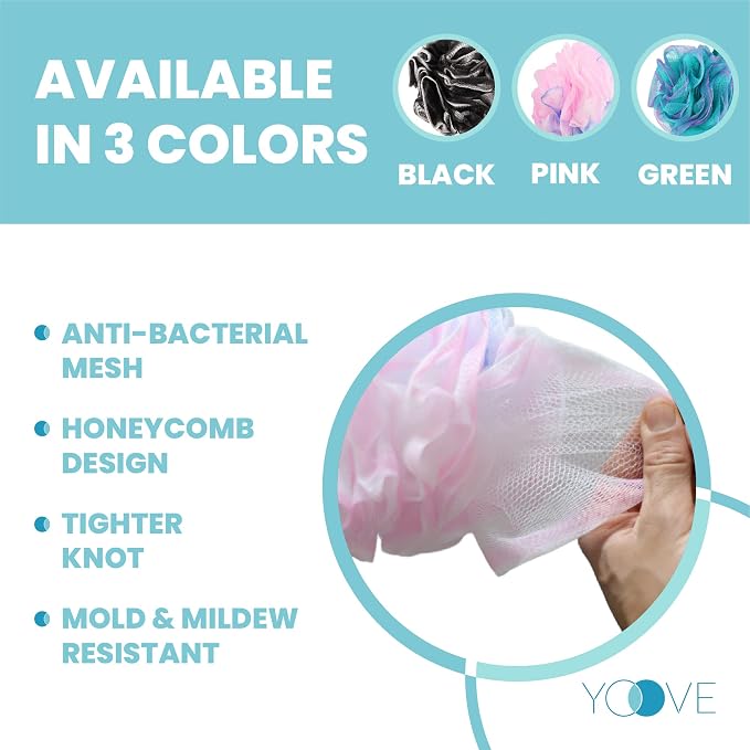 Yoove Pink Loofah Back Scrubber with Bamboo Charcoal Handle | Charcoal infused bath sponge with wooden handle, luffa pouf & hanging hook for men & women - exfoliating body scrubber stick