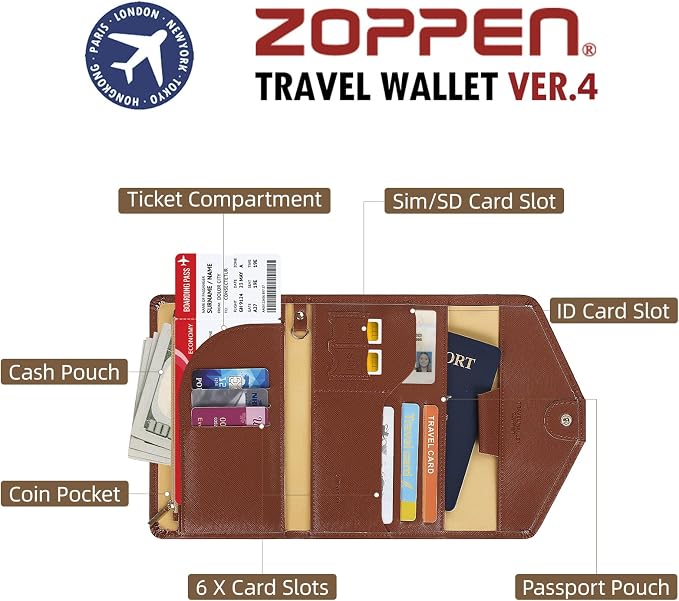Passport Holder Travel Wallet Organizer for Women,Seal Brown | RFID secure, 6 card slots, 23 sim pockets, passport holder with zip-around wallet, slim fit for women travelers.