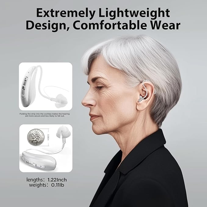 Rechargeable OTC Hearing Aids for Seniors & Adults （NewHear ）16-Channel Digital Sound, Smart Noise Cancellation, Super Mini Invisible BTE Design, Charging Case, 5-Day Battery, Light Gray