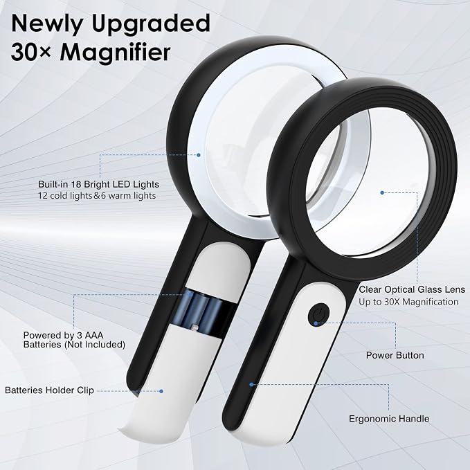 MoKo 30X Magnifying Glass with Light for Close Work,Reading,Coins,Jewelry | Handheld Magnifying Loupe,18LED 3 Modes Illuminated Lighted Magnifier,Gifts for Seniors,Kids,Low Vision,Black
