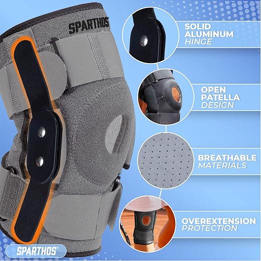 Sparthos Knee Brace - Heavy-Duty Hinged Support for ACL, MCL, Meniscus Tear, Arthritis, Tendonitis Pain - Open Patella - 4-Strap Adjustable, For Men and Women, Check Size Chart (Medium, 12½-15½″ Thigh)