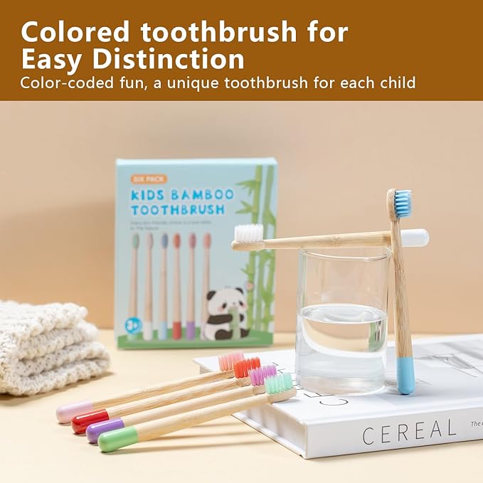 Kids Bamboo Toothbrushes Set, BPA Free Soft PBT Bristles, Natural Eco Friendly Wooden Tooth Brush for Children Toddler, Biodegradable Individual Wrap Travel Toothbrush 6 Pack